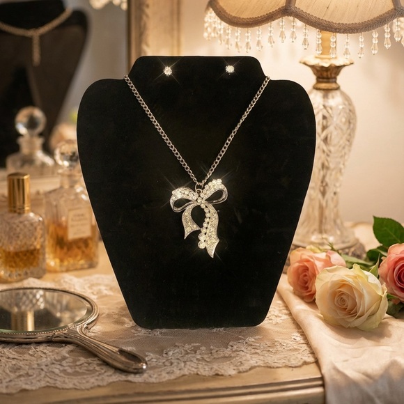 #2 Elegant Silver w/Rhinestone Bow Necklace Set - Picture 3 of 4